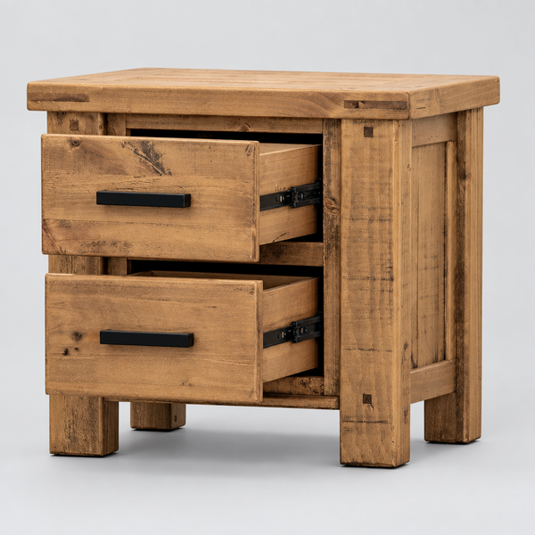 A rustic wooden nightstand with two pull-out drawers, featuring a weathered brown finish and black metal handles, set against a neutral gray background.