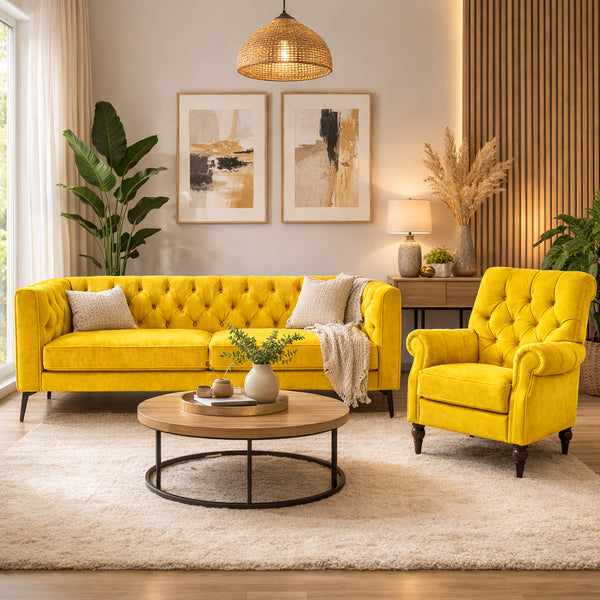 Oxford : Chesterfield Sofa & Belmont Accent Chair in Lemon Velvet
