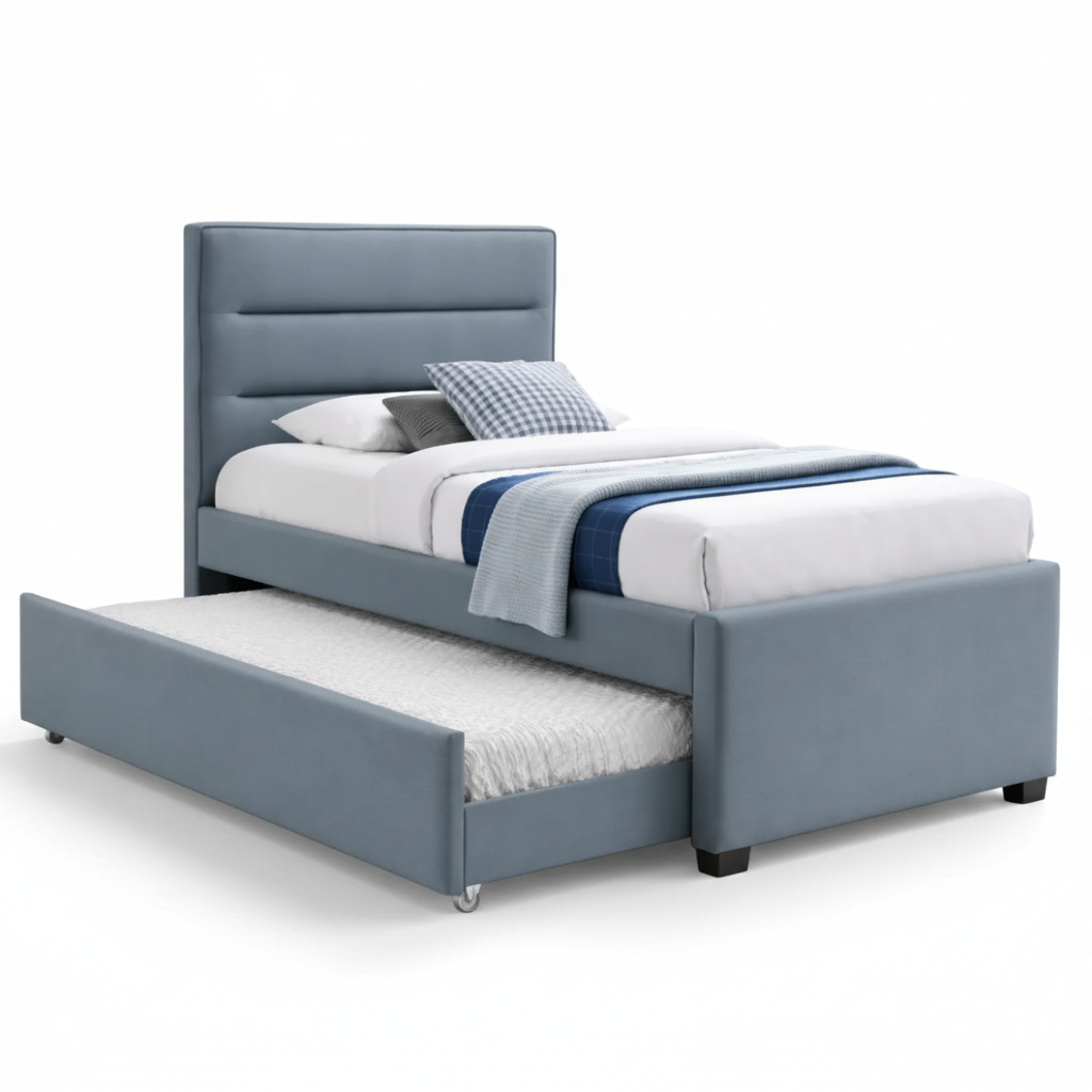 Riley Single Upholstered bed in Mint Blue fabric with trundle bed
