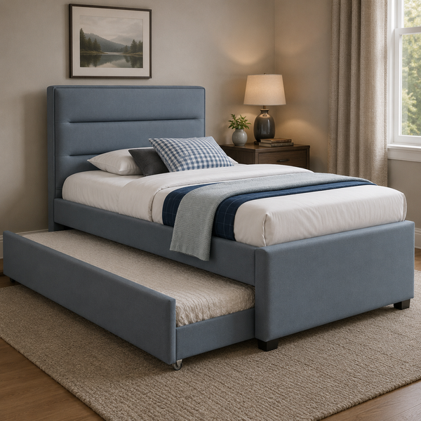 Riley Single Upholstered bed in Mint Blue fabric with trundle bed Lifestyle