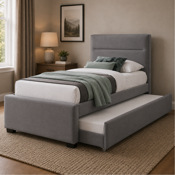 Sasha Single King Single Upholstered bed in grey fabric with trundle bed Lifestyle