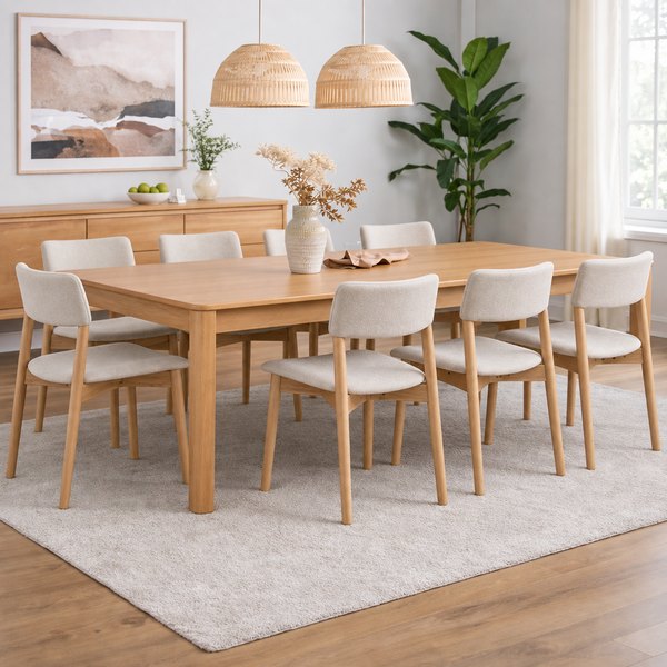 A light oak wood dining table with eight upholstered chairs in a bright, modern dining room setting with a white rug, pendant lights, and a sideboard.
