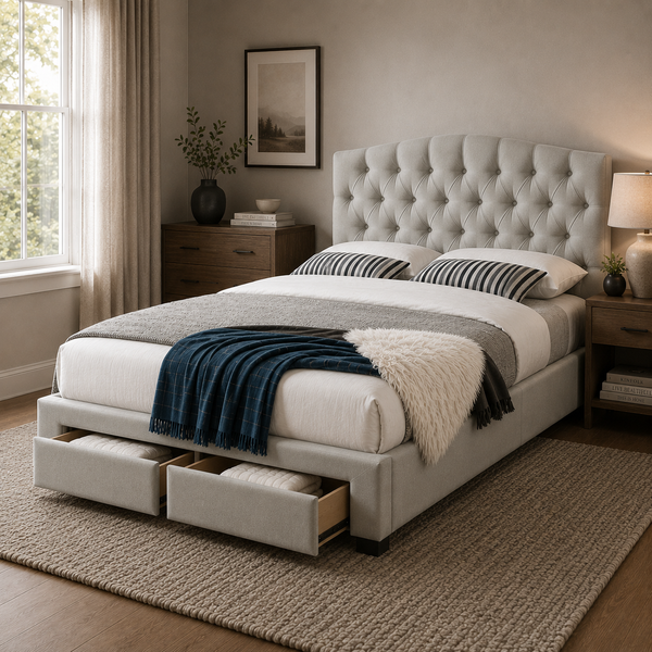 Tori Upholsterd Bed with Tufted Bed Head in Silver Grey Fabric