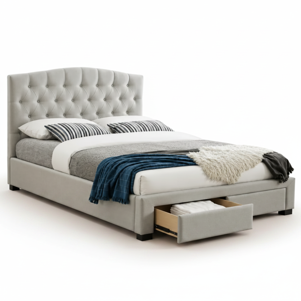 Tori Upholsterd Bed with Tufted Bed Head in Silver Grey Fabric