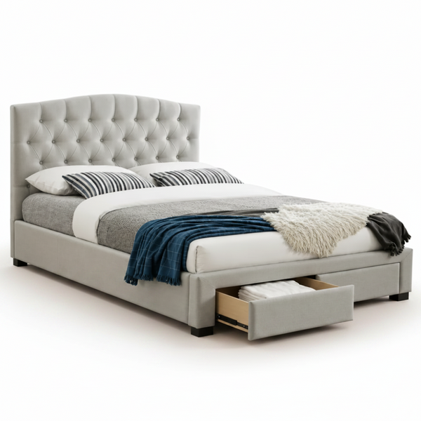 Tori Upholsterd Bed with Tufted Bed Head in Silver Grey Fabric