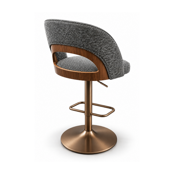 Victoria Kitchen Bar Stool Modern Backrest Charcoal Textured Fabric Timber Accent Bronze Pedestal Hydraulic Swivel Base Back Angle
