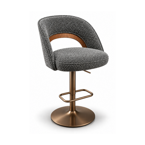 Victoria Kitchen Bar Stool Modern Backrest Charcoal Textured Fabric Timber Accent Bronze Pedestal Hydraulic Swivel Base Front Angle