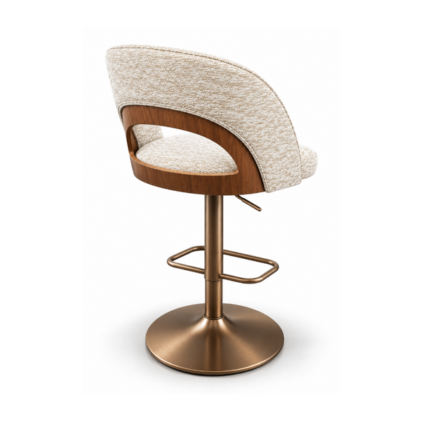 Victoria Kitchen Bar Stool Modern Backrest Whitewash Textured Fabric Timber Accent Bronze Pedestal Hydraulic Swivel Base Back Angle