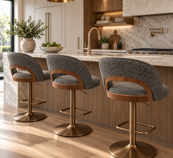 Victoria Kitchen Bar Stool Modern Backrest Whitewash Textured Fabric Timber Accent Bronze Pedestal Hydraulic Swivel Base Front Angle Lifestyle