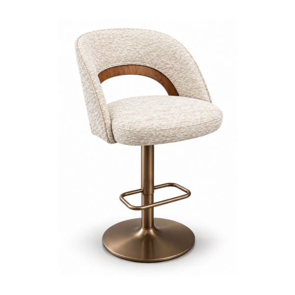 Victoria Kitchen Bar Stool Modern Backrest Whitewash Textured Fabric Timber Accent Bronze Pedestal Hydraulic Swivel Base Front Angle