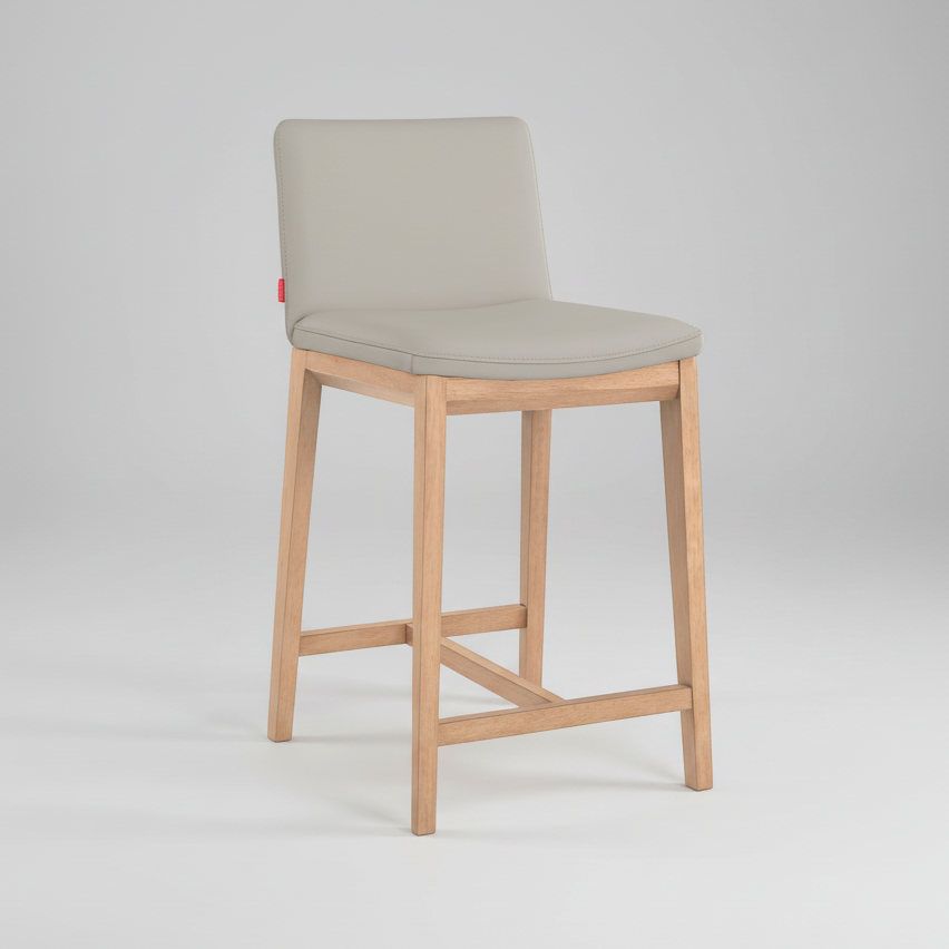 Wilson : Bar Stool Light Grey Leather Natural Frame
