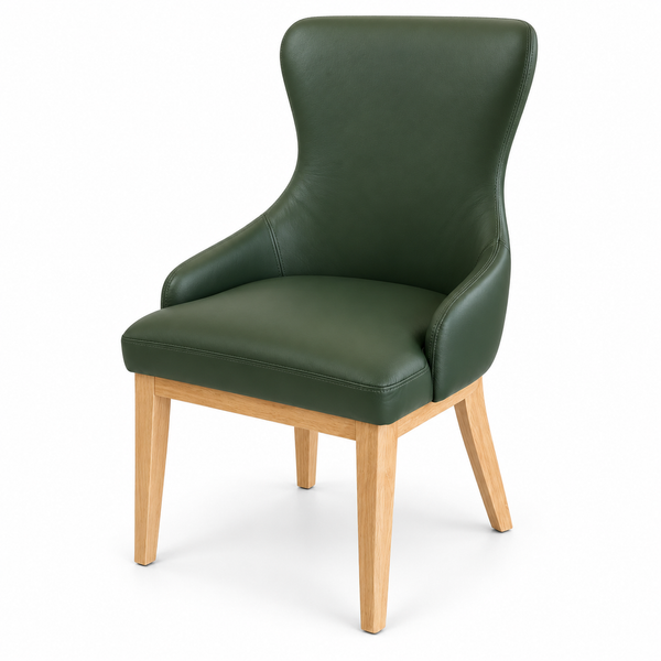 A modern high-back dining chair upholstered in dark green faux leather with light natural wood legs, shown on a plain white background.