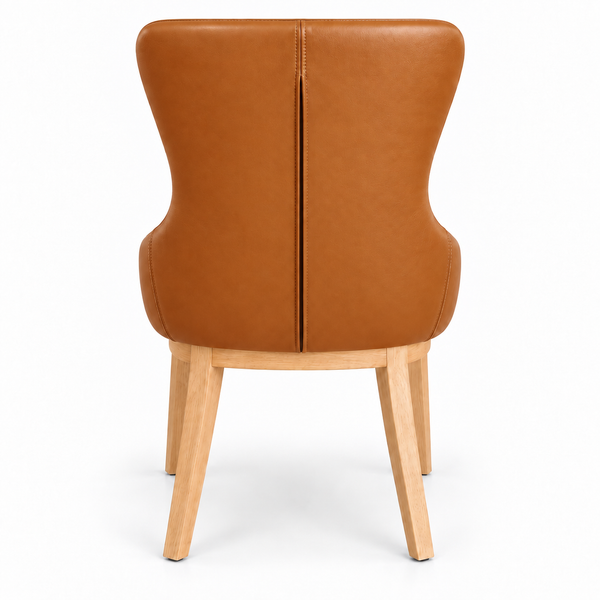 A modern wingback dining chair with a warm cognac brown leather upholstered backrest and natural light wood legs, shown from the rear on a white background.
