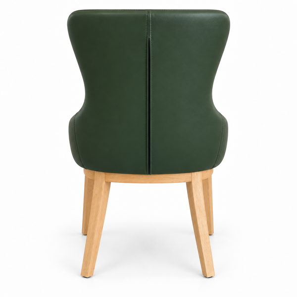A modern dining chair with a dark green upholstered backrest and light natural wood legs, shown from the back against a plain white background.