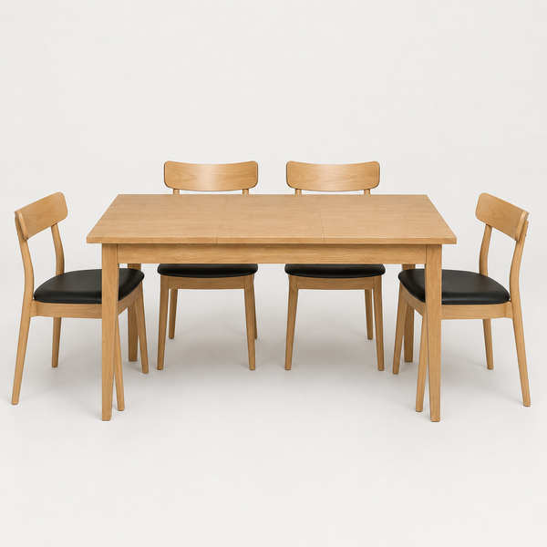A light oak dining table with four matching chairs, two with black upholstered seats and two without, shown on a seamless white studio background.
