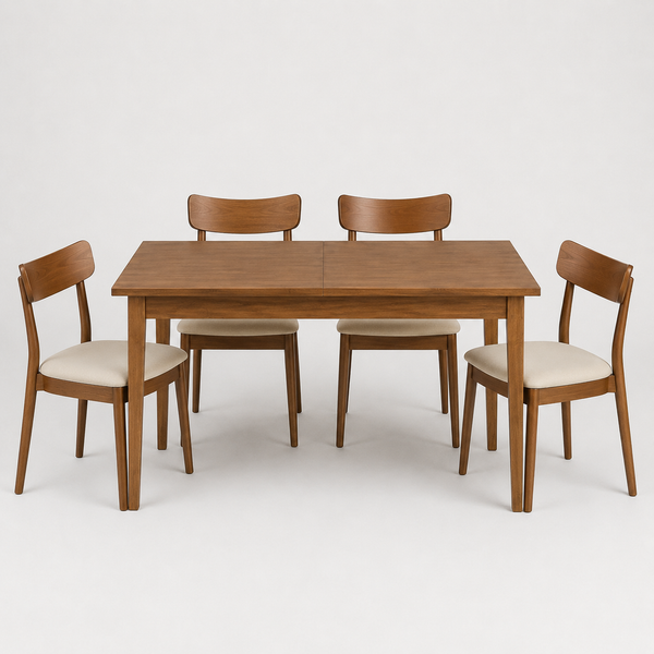 A 5-piece dining set consisting of a rectangular wooden table and four matching chairs with cream-colored upholstered seats, shown on a seamless light gray studio background.