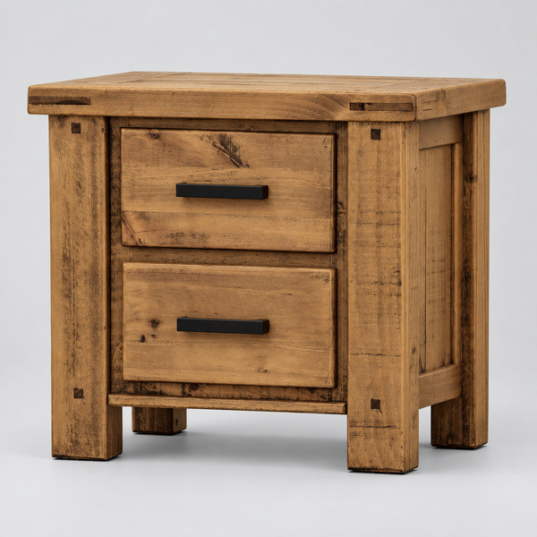 A rustic two-drawer wooden nightstand with a distressed finish and black metal drawer pulls, shown on a plain white background.