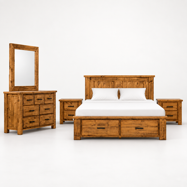 A rustic medium-brown wooden bedroom furniture set on a clean white studio background, including a bed with white bedding, two matching nightstands, and a dresser with a rectangular mirror.