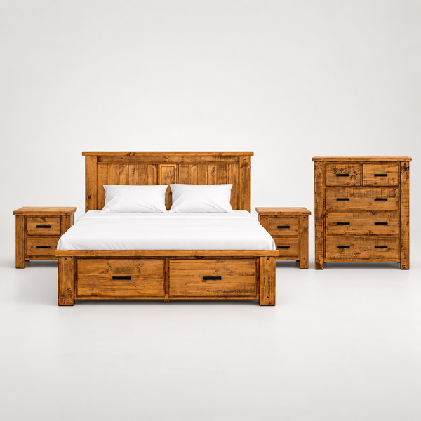 A rustic medium-brown wooden bedroom furniture set including a bed frame with built-in storage drawers, a matching nightstand, and a tall chest of drawers, styled with white bedding on a seamless white studio background.