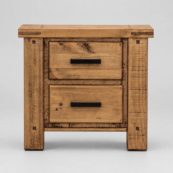 A rustic two-drawer wooden nightstand with distressed brown and tan wood grain, featuring black metal drawer pulls, set against a plain white background.