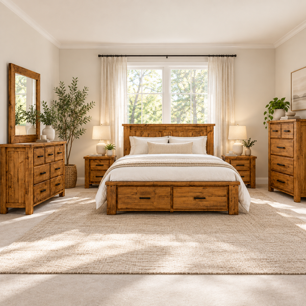 A rustic wooden bedroom furniture set arranged in a bright, modern bedroom. The set includes a bed frame with under-bed storage drawers, two matching nightstands, a dresser with a matching mirror, and a tall chest of drawers, all crafted from warm medium brown wood with dark metal handles.