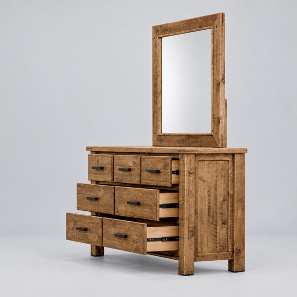 A rustic brown wooden dresser with six drawers, including two pulled-out drawers, a cabinet door, and a matching rectangular wall mirror, shown on a white background.