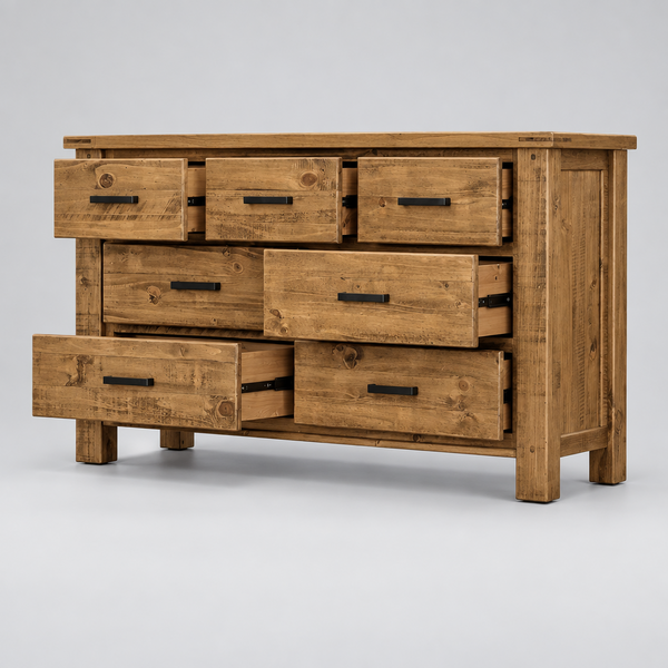 A rustic wooden dresser with six drawers, including one open drawer at the bottom left, shown on a plain white background.
