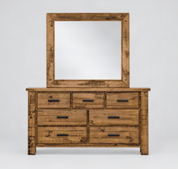 Rustic wooden dresser with six drawers and a matching square mirror, shown on a plain white background.