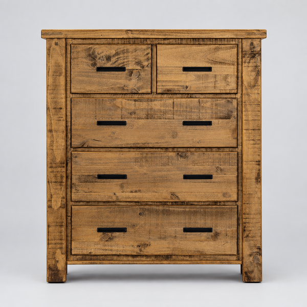 A rustic wooden chest of drawers with five drawers, featuring a weathered brown finish and dark metal pull handles, shown against a plain white background.
