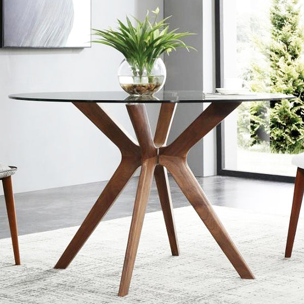 Cayman : Round Glass Dining Table with Timber Legs - Modern Home Furniture