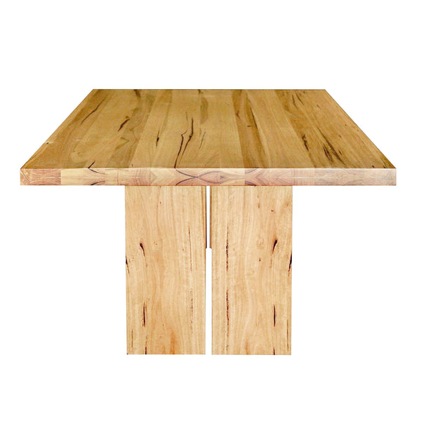 Sienna dining table with twin pedestals in messmate hardwood side on photo