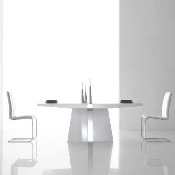 Modern Dining Table Rectangle Shape in White Gloss with Pedestal Base & Chrome Features