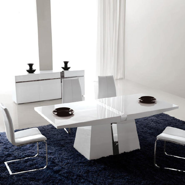 Modern Dining Table Rectangle Shape in White Gloss with Pedestal Base & Chrome Features Lifestyle Image