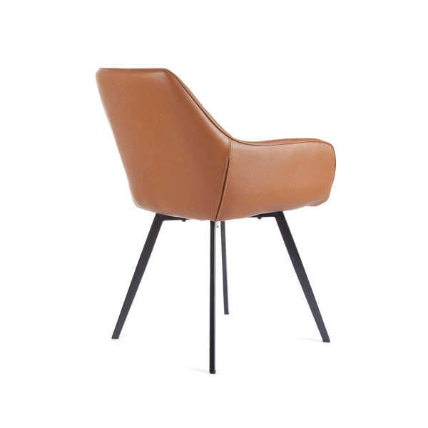 Zeus dining Chair in Eco Leather cognac colour bucket seat black leg side view